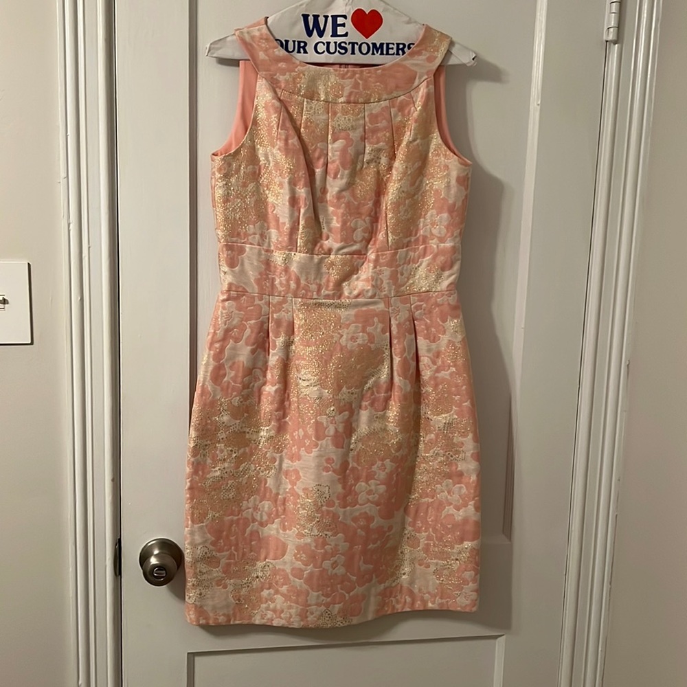Tahari Peach and Gold Brocade Sheath Dress